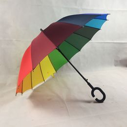 C Hook Rainbow Umbrella Long Handle 16K Straight Windproof Colourful Pongee Umbrella Women Men Sunny Rainy Umbrella WX9-637