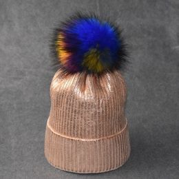 Designer Gold Stamping Knitted Pom Beanies Hats for Men Women Silver Stamping Skull Cap Winter Warm Hat with Colorful Fur Ball Accessories