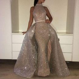 Glittering High Neck Prom Dresses With Overskirt Beaded Sequins Applique Lace Mermaid Formal Gowns Stunning Red Carpet Dress