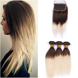Medium Brown and Blonde Two Tone Ombre Malaysian Human Hair Weave Bundles with 4x4 Lace Front Closure Straight 4 613 Ombre Hair Extensions