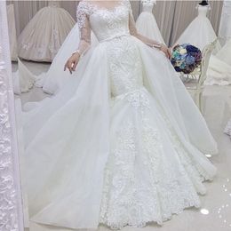 Dubai Long Sleeve Mermaid Wedding Dress Sheer Neck Beads Lace Applique Bridal Dress Fashion Detachable Overskirt Saudi Arabia Wedding Dress