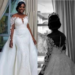 Plus 2020 African Size Dresses Jewel Neck Lace Appliques Sweep Train Detachable Skirt Mermaid Wedding Dress Long Sleeve Bridal Gowns