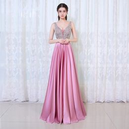 High-end Fashion Sexy V-neck Formal Evening Dress Pink Elastic Silk Halter Handmade Beaded Long Party Dance Dress HY070