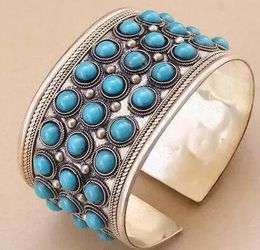 Fashion Unisex Gift Jewellery Cuff Round Turquoise Bead Tibet Silver