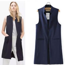 Women's Mandarin Collar Open Front Long Vest Waistcoat Cardigan Blazer Sleeveless Jacket Outfit Women Long Business Suit Vest