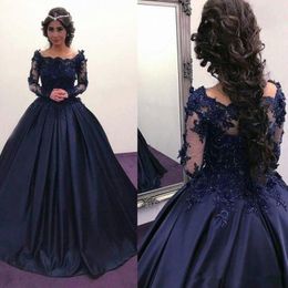 -2018 Marineblau Langarm Puffy Prom Kleider Bateau Lace Satin Maskerade Ballkleid afrikanischen Abend formelle Kleidung Vestidos Plus Size