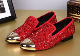 New mens fashion rhinestone black red crystal luxury party shoes men loafers flats round toe slip on wedding dress shoes size 46