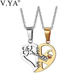 V.Ya Romantic Couples Heart Key Crystal Necklaces Her & His Love Forever Pendant Set Valentine Stainless Steel Chain Jewelries