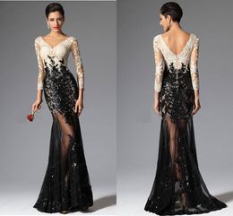 Free Shipping Cheap Modest Mermaid Evening Dresses Formal Dresses V Neckline Black And White Lace Prom Dresses Sexy Beaded Pageant Gowns