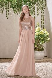 Elegant Rose Gold Sequins Chiffon Long Bridesmaid Dresses Halter Backless Straps Ruffles Wedding Guest Plus Size Maid Of Honor Gow310N
