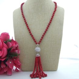 FC061209 Long 21" Red Round Coral Necklace CZ Pendant