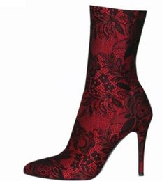 2018 sexy women black lace boots thigh high red lace booties thin heel over knee high boots point toe high heel mujer botas