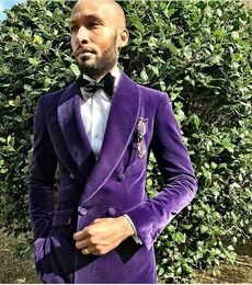 High Quality Purple Velvet Men Wedding Tuxedos Excellent Groom Tuxedos Shawl Lapel Double-Breasted Men Blazer 2 Piece Suit(Jacket+Pants+Tie)