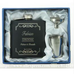 Personalized wedding gift for groom or Groomsmen gifts of 6OZ black hip flask with 4 cups funnel With black gift box