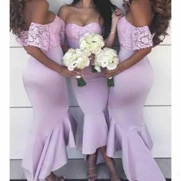 African Cheap Pink Mermaid Bridesmaid Dresses Off Shoulder Sweetheart Hi-Lo Ruffles Maid Of Honour Dress Prom Dress Evening Gowns