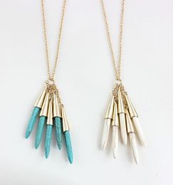 Fashion Natural Stone white green Turquoise Necklace Gold Metal Long Chain Sweater Statement Necklace