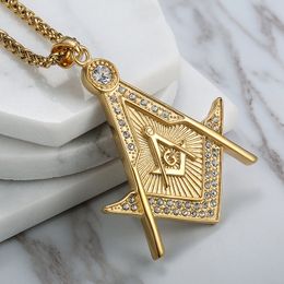 High quality 316 stainless steel gold religious freemason masonic pendant free mason emblem AG pendant necklace jewelry with crystal stones