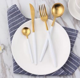 Portugal pointed tail cutlery knife and fork spoon Hotel 304 stainless steel western tableware The white handle golden flatware sets SN313