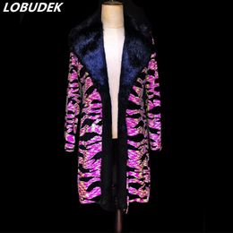 Stylish Bar Stage Black Faux Fur Pink Sequins Blazer Long Coat Male Singer Star Concert Performance Overcoat Christmas Party Costume