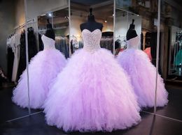 Lavender Quinceanera Dresses Ball Gown Corset Crystals Pearls Ruffles Tulle Lace Up Back Pageant Gowns For Girls Sweetheart Prom Dress