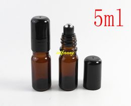 100pcs/lot 5ml 1/6oz Thick Amber Refillable Empty Roll on Glass Bottle For Essential Oil Stainless steel & glass Roller Ball