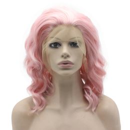 Shoulder Length Stylish Hand Tied Lace Front Synthetic Hair Pink Party Wig