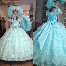 2018 Elegant Mint Blut Organza Ruffle Puffy Ball Gown Quinceanera Dresses Scoop Tiered With Big Bow Sash Sweet 16 Dress Custom Made EN1081