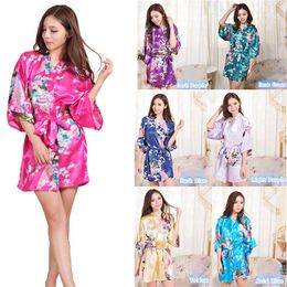 12 Colours Silk Satin Floral Night Robe Women Kimono Short Sleepwear Print Silk stain Flower Bathrobe C5116