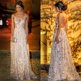 Luxury A Line Sleeveless Evening Dress With Lace Squines Applique Sweep Train Sexy Handmade Formal Prom Dresses Shiny Engagement Dress