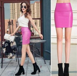 New design fashion women high elastic waist PU leather sexy bodycon tunic short pencil skirt candy color mini skirt plus size SMLXL