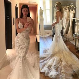 country mermaid beach wedding dresses pallas couture spaghetti straps backless fishtail bridal gowns lace appliqued wedding dress