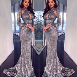 Stylish Mermaid Sequined Prom Dresses High Neck Key-Hole Long Sleeves Formal Evening Gown Luxury Sequins Dubai Party Dress Cocktail Dresses