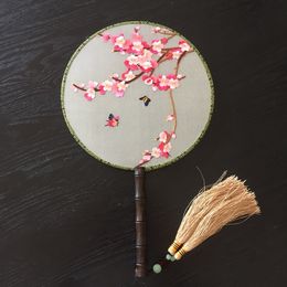 Cherry blossoms Round Handle Small Gift Fan Party Decoration Fans Full Handmade Double Embroidery Chinese Fan Natural Mulberry Silk Hand Fan