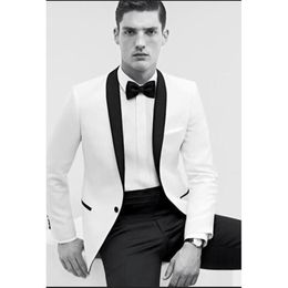 New Arrivals One Button White Groom Tuxedos Shawl Lapel Groomsmen Best Man Blazer Mens Wedding Suits (Jacket+Pants+Tie) D:109