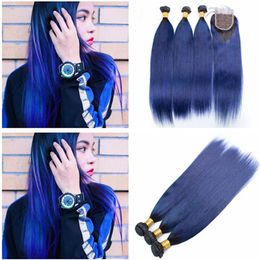 Black and Dark Blue Ombre Peruvian Human Hair 3Bundles with Closure Straight #1B/Blue Ombre Virgin Hair Weaves with 4x4 Front Lace Closure