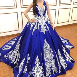 sweet 16 dresses for sale UK - Royal Blue 2019 V Neck White Appliques Quinceanera Dresses Sweep Train Backless Stain Sweet 16 18 Formal Occasion Gown Custom Made Hot Sale