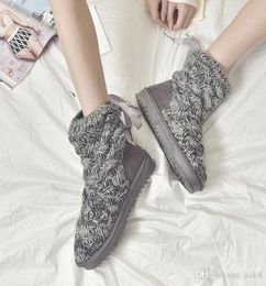 tube yarn UK - European and American women's snow boots, Korean knitted wool yarn, winter high tube grey wholesale cotton shoes