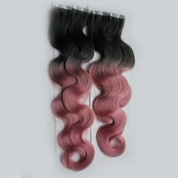 T1B/Pink Colour Tape In Human Hair Extensions Machine Made Remy Brazilian Body Wave Hair 200G 80Piece Ombre Skin Weft Hair Extensions