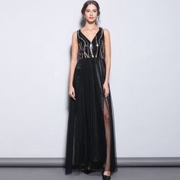 Women's Sexy Low V Neck Sleeveless Sequined Bodice Split Patchwork Party Prom Long Runway Dresses