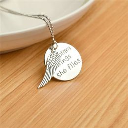 Wholesale Fashion HOt Selling Engraved Letters"With Brave Wings She Flies"Pendant Alloy Choker Necklace Jewelrys Gift