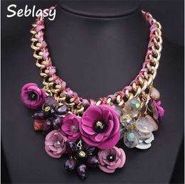 Seblasy Collier Necklace Chunky Gold Colour Chain Handmade Braided Crystal Flowers Necklaces & Pendants Statement Necklaces For Women