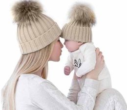Caps Hats Beanie/Skull Caps Parents And Kids Winter Knitted Hats With Cute Fluffy Ball Warm Soft 9 Colours Baby Mom Knit Beanie