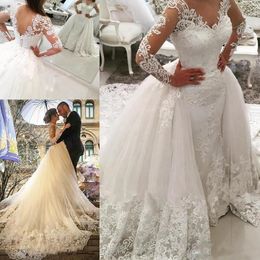 Hot Sales Sexy Mermaid Wedding Dresses Long Sleeve Sweep Train Overskirts Lace Applique Wedding Party Gowns Wedding Gowns