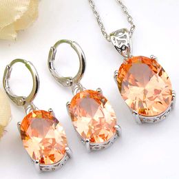 6 Sets Fashion Simple Oval Morganite Cubic Zirconia 925 Sterling Silver Pendants Necklace Earring Wedding Jewelry Sets Shipping