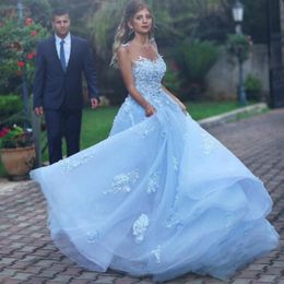 Arabic Long Formal Prom Dresses Sheer Jewel Neck Sleeveless Lace Appliques Illusion Back Evening Gown Sweep Train Light Blue