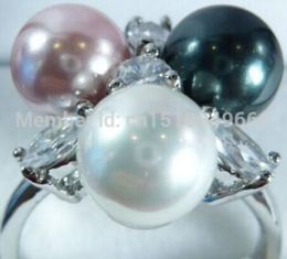 FREE SHIP >>>>>Black White Purple South Sea Shell Pearl Crystal Ring size:6.7.8.9