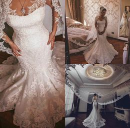 Vintage Mermaid Wedding Dresses Appliques Sheer Jewel Neck Sweep Train Long Sleeve Bridal Gowns Button Back Plus Size Wedding Dress
