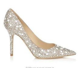 2018 Beige Pointed Toe Thin Heels Women Pumps Studded Crystal Bridal Wedding Shoes Night Club Style High Heels Women Shoes