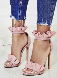 2018 Newest arrival sweet girls ruffles single strap sandals high heels stiletto heel shoes pink Colour dress open toe sandals on sale