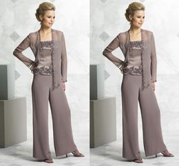 Fashion Chiffon Mother of the Bride Pant Suits Three Pieces Applique Mother Pant Suit Formal Evening Gowns